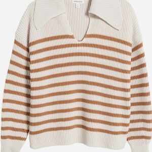 Nordstrom Cream and Tan V-Neck Sweater with Classic Stripes Size Medium